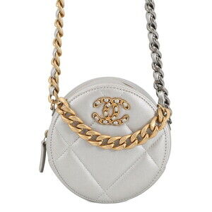 CHANEL Silver Lambskin Leather Logo Shoulder Bag